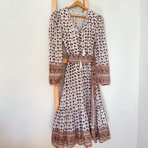Cleobella Floral Boho Midi Dress XS Cream Brown Belted Long Sleeve Tassel